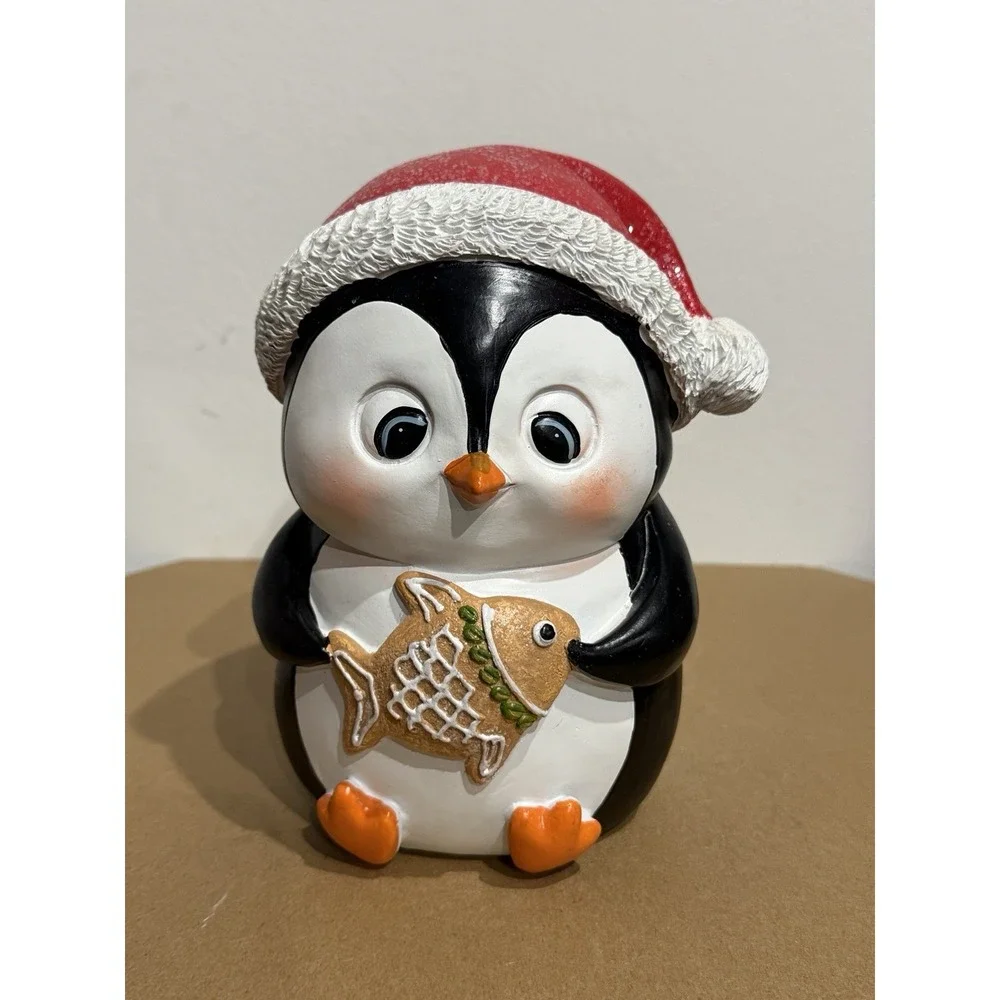 Christmas Penguin Figurine Santa Hat Holding Fish Holiday Decor